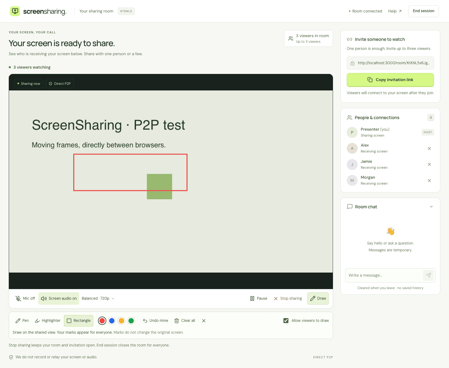 Actual ScreenSharing sharing interface with a red rectangle annotation, three viewers receiving the screen, and presenter drawing controls
